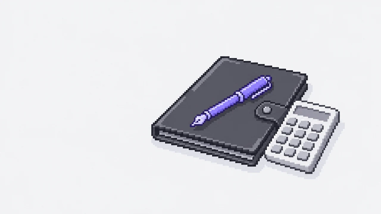 Pixel art: una cartellina in pelle con una penna stilografica viola e una calcolatrice