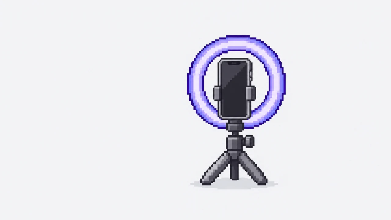 Pixel art: uno smartphone su un mini treppiede con un piccolo ring light viola