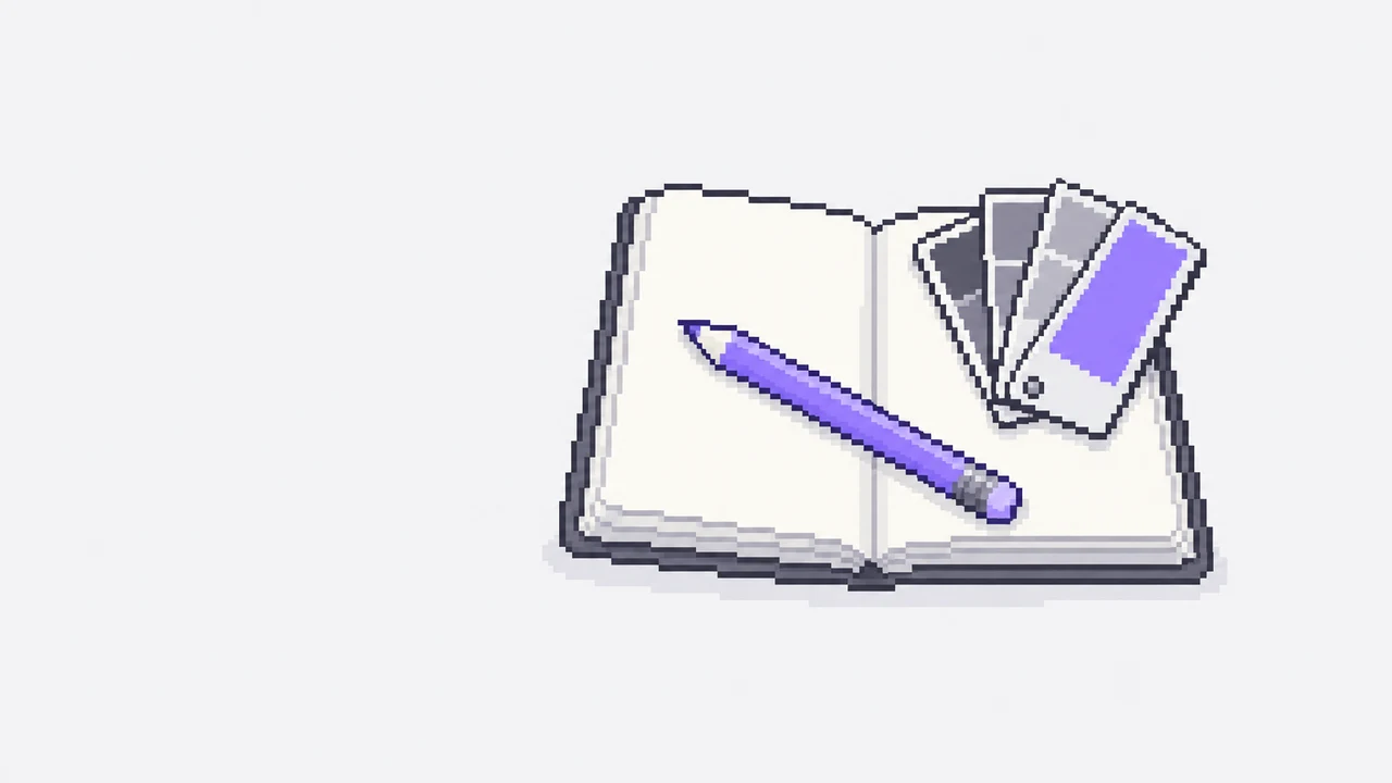 Pixel art: un quaderno da schizzi aperto con campioni di colore e una matita