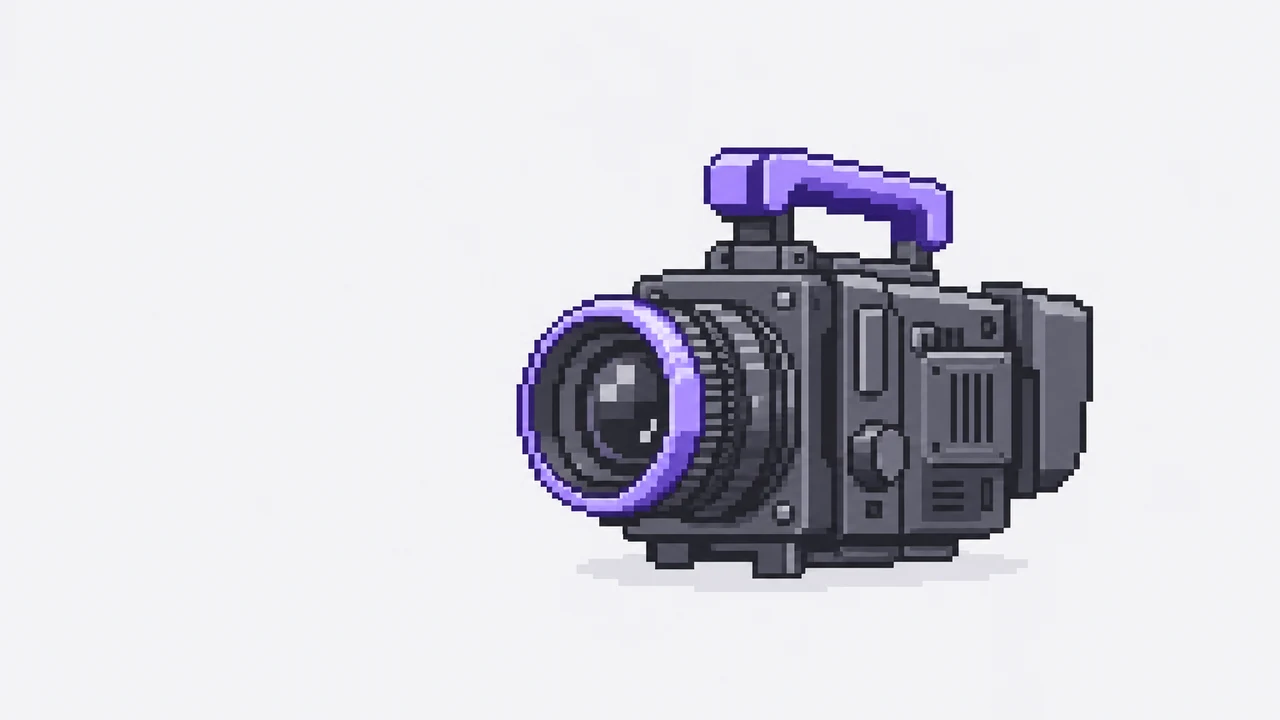 Pixel art: una cinepresa professionale montata su un piccolo rig con maniglia viola