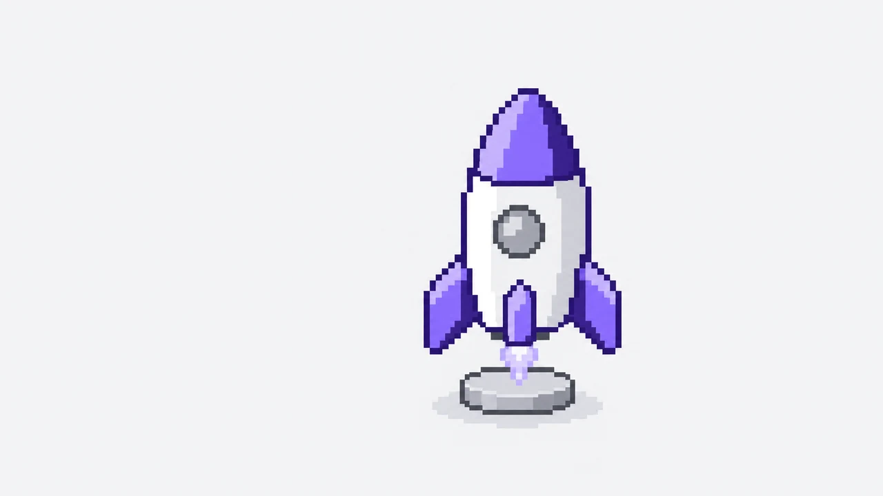 Pixel art: un modellino di razzo bianco e viola su una base in metallo